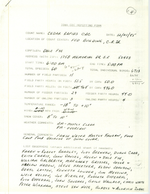 Checklist dated December 21, 1985 compiled by Dale Fye. A list of birds sighted by Fye and twenty-seven others around Cedar Rapids. A total of 60 species and 6,713 individual birds were sighted. This item was used as supporting documentation for the Iowa Ornithologists Union Quarterly field report of Winter 1985-1986.