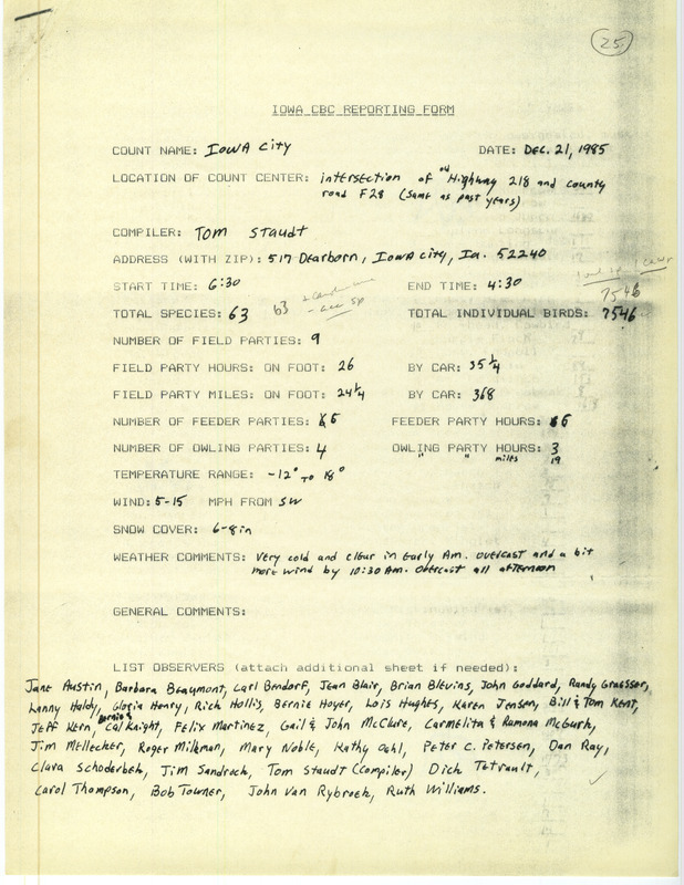 Checklist dated December 21, 1985 compiled by Tom Staudt. A list of birds sighted by Staudt and thirty-six others around Iowa City. A total of 63 species and 7,546 individual birds were sighted. This item was used as supporting documentation for the Iowa Ornithologists Union Quarterly field report of Winter 1985-1986.