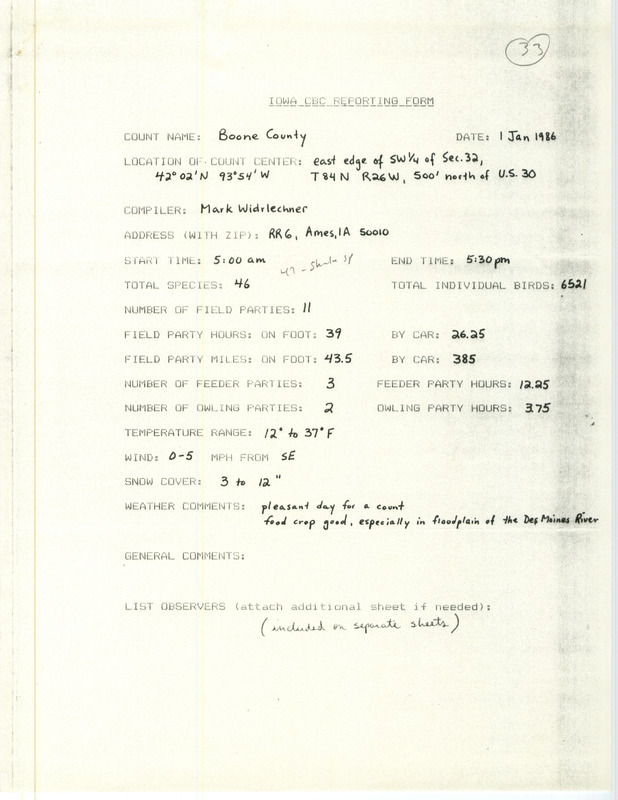 Checklist dated January 1, 1986 compiled by Mark Widrlechner. A list of birds sighted by Widrlechner and others around Boone County. A total of 46 species and 6,521 individual birds were sighted. This item was used as supporting documentation for the Iowa Ornithologists Union Quarterly field report of Winter 1985-1986.