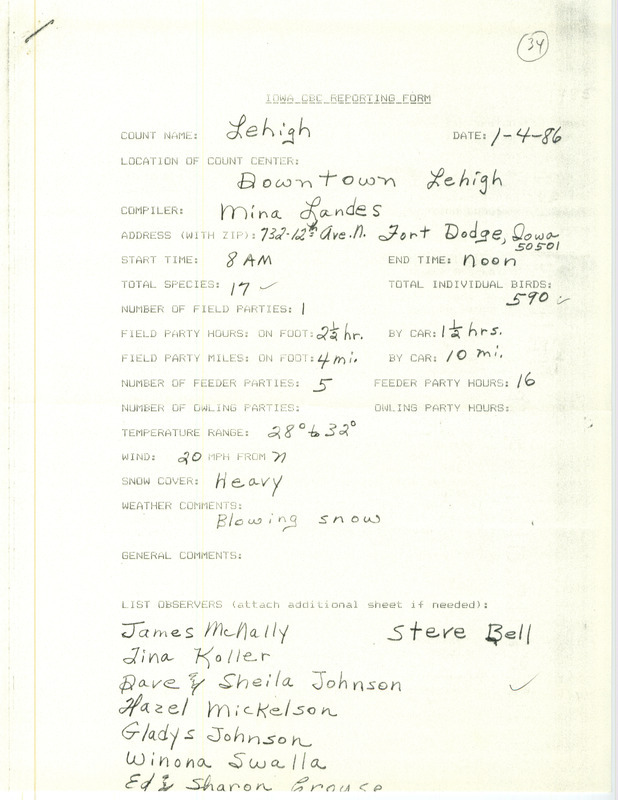 Checklist dated January 4, 1986 compiled by Mina Landes. A list of birds sighted by Landes and ten others around Lehigh. A total of 17 species and 590 individual birds were sighted. This item was used as supporting documentation for the Iowa Ornithologists Union Quarterly field report of Winter 1985-1986.