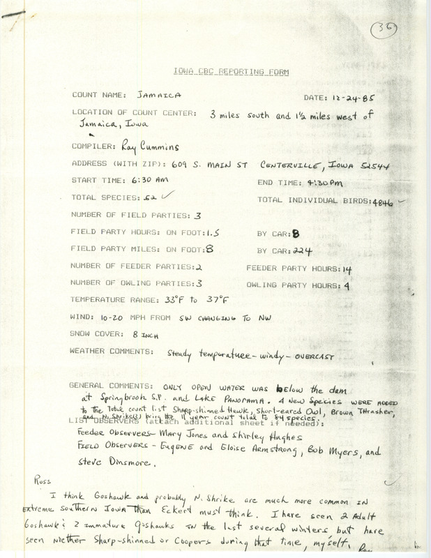 Checklist dated December 24, 1985 compiled by Ray Cummins. A list of birds sighted by Cummins and six others around Jamaica. A total of 52 species and 4846 individual birds were sighted. This item was used as supporting documentation for the Iowa Ornithologists Union Quarterly field report of Winter 1985-1986.