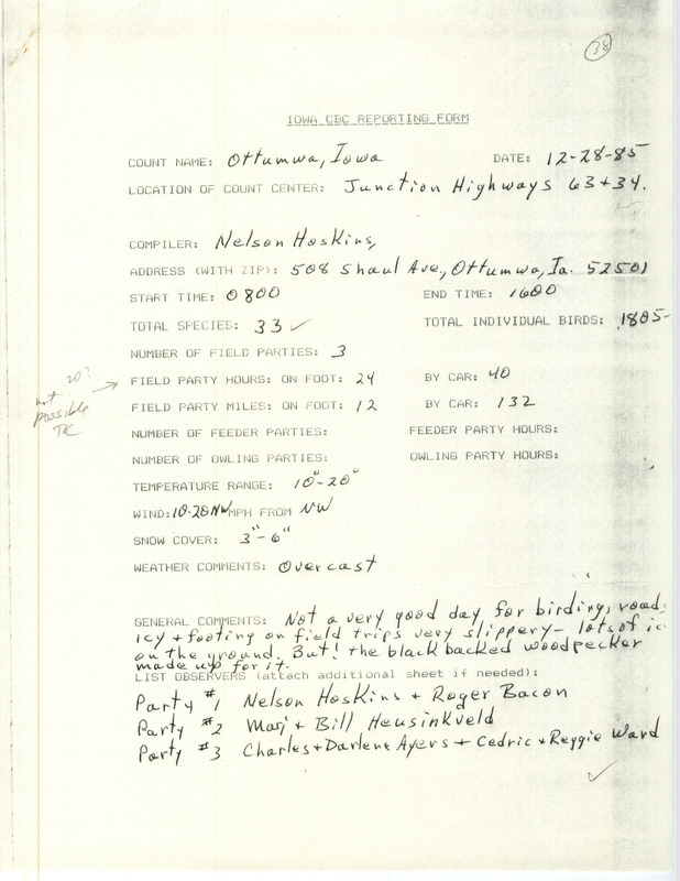 Checklist dated December 28, 1985 compiled by Nelson Hoskins. A list of birds sighted by Hoskins and seven others around Ottumwa. A total of 33 species and 1,805 individual birds were sighted. This item was used as supporting documentation for the Iowa Ornithologists Union Quarterly field report of Winter 1985-1986.