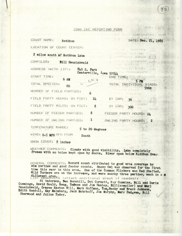 Checklist dated December 21, 1985 compiled by Bill Heusinkveld. A list of birds sighted by Heusinkveld and twenty-three others around Rathbun Lake. A total of 60 species and 5,969 individual birds were sighted. This item was used as supporting documentation for the Iowa Ornithologists Union Quarterly field report of Winter 1985-1986.