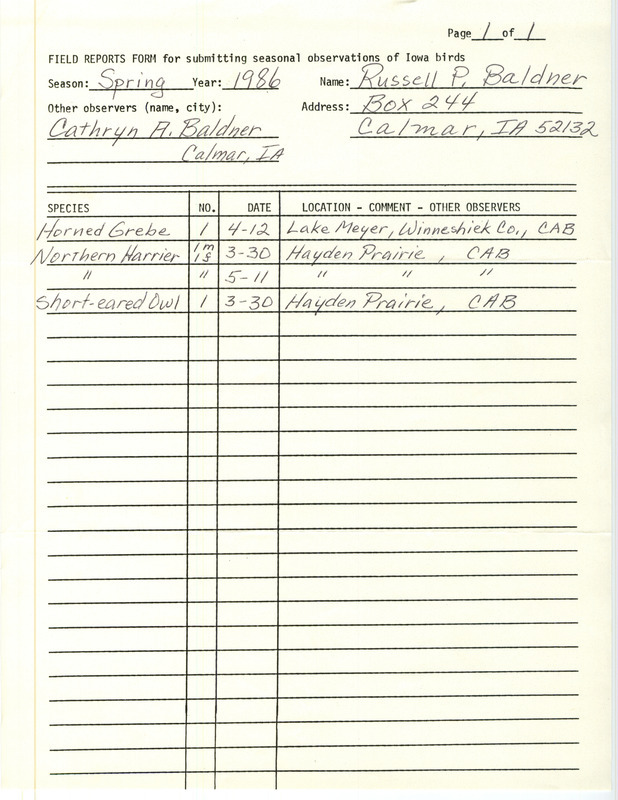 An annotated list of birds sighted by Russell and Cathryn Baldner. This item was used as supporting documentation for the Iowa Ornithologists Union Quarterly field report of Spring 1986.