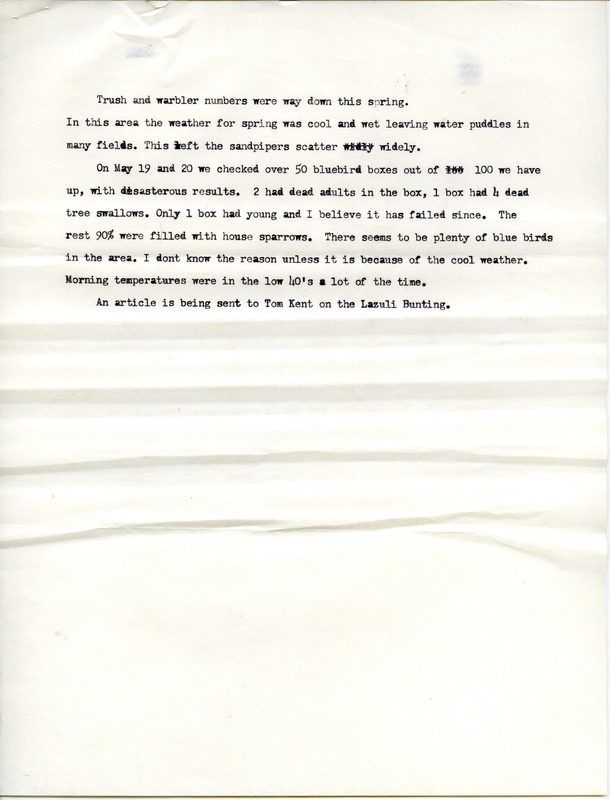 An annotated list of birds sighted by Marion Brewer. This item was used as supporting documentation for the Iowa Ornithologists Union Quarterly field report of Spring 1986.