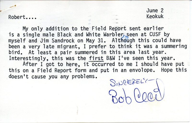 Postcard from Bob Cecil to Bob Myers dated June 2, 1986. Cecil sends a sighting of a Black and White Warbler as an addendum to Spring Field Report. This item was used as supporting documentation for the Iowa Ornithologists Union Quarterly field report of Spring 1986.