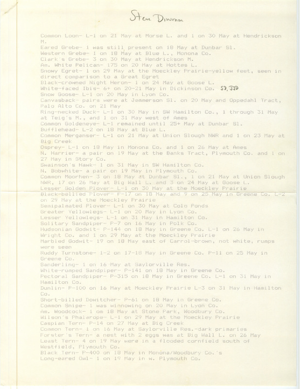 An annotated list of birds sighted by Steve Dinsmore. This item was used as supporting documentation for the Iowa Ornithologists Union Quarterly field report of Spring 1986.