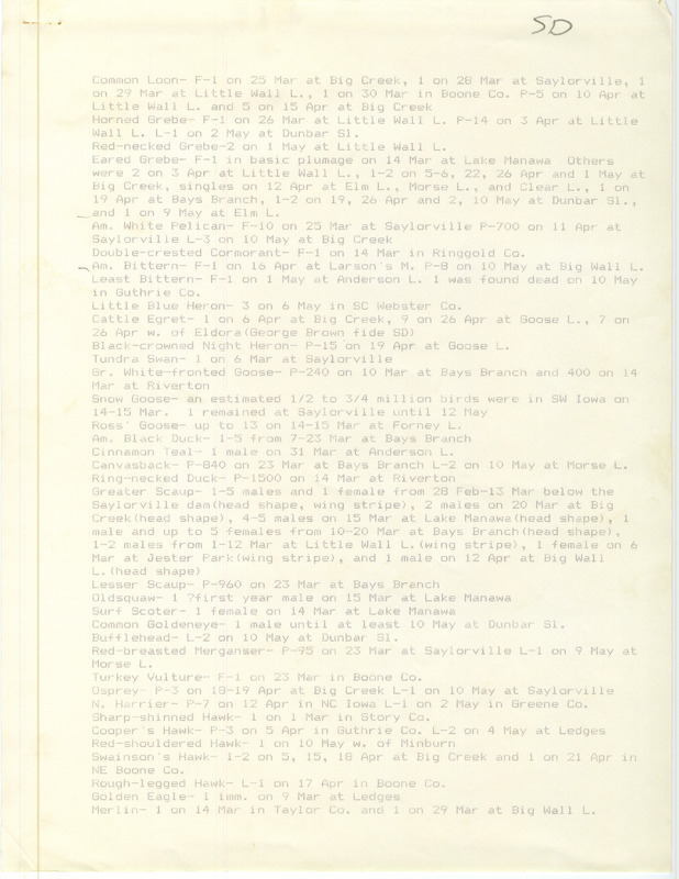 An annotated list of birds sighted by Steve Dinsmore. This item was used as supporting documentation for the Iowa Ornithologists Union Quarterly field report of Spring 1986.