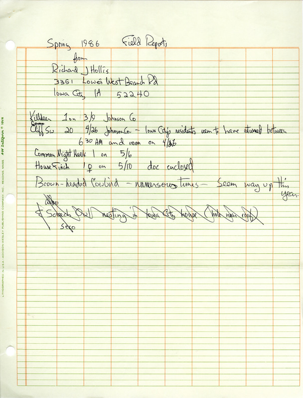 An annotated list of birds sighted by Richard Hollis. This item was used as supporting documentation for the Iowa Ornithologists Union Quarterly field report of Spring 1986.