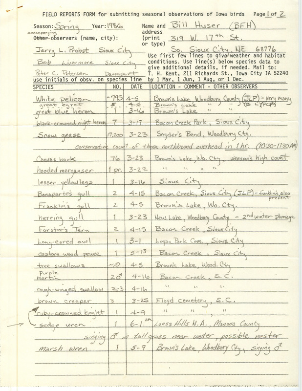 An annotated list of birds sighted by Bill Huser and three others. This item was used as supporting documentation for the Iowa Ornithologists Union Quarterly field report of Spring 1986.