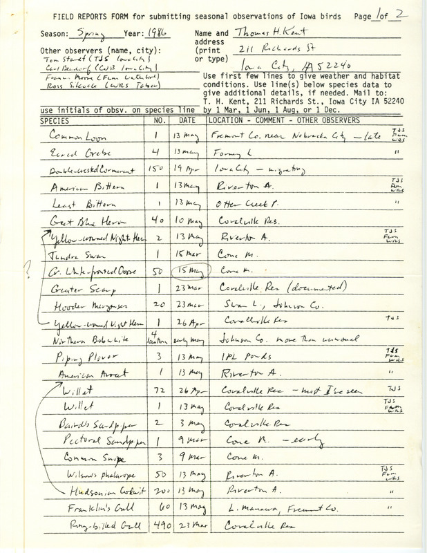 An annotated list of birds sighted by Thomas Kent and four others. This item was used as supporting documentation for the Iowa Ornithologists Union Quarterly field report of Spring 1986.