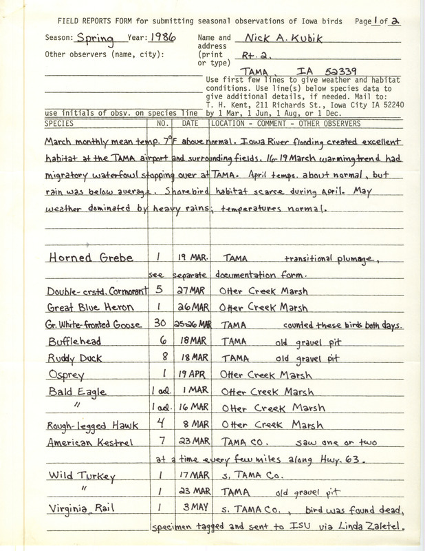 An annotated list of birds sighted by Nick Kubik. This item was used as supporting documentation for the Iowa Ornithologists' Union Quarterly field report of Spring 1986.