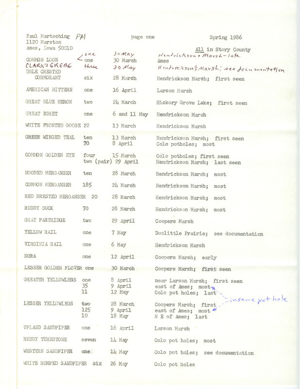 An annotated list of birds sighted by Paul Martsching. This item was used as supporting documentation for the Iowa Ornithologists' Union Quarterly field report of Spring 1986.