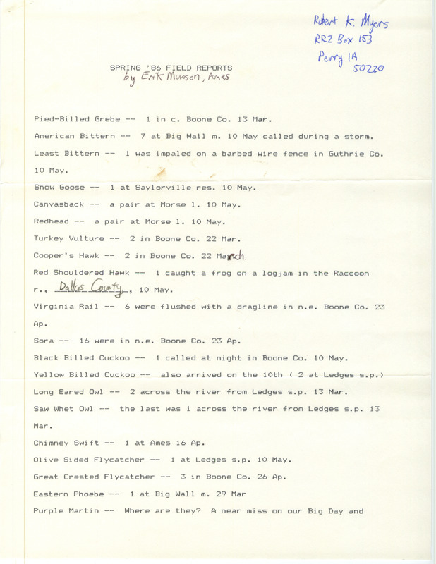 An annotated list of birds sighted by Erik Munson. This item was used as supporting documentation for the Iowa Ornithologists' Union Quarterly field report of Spring 1986.