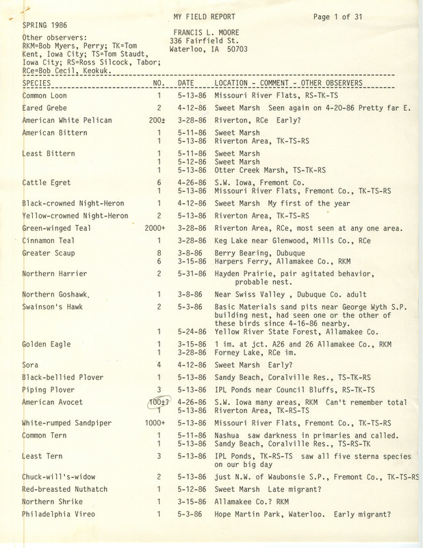 An annotated list of birds sighted by Francis Moore and five others. This item was used as supporting documentation for the Iowa Ornithologists' Union Quarterly field report of Spring 1986.