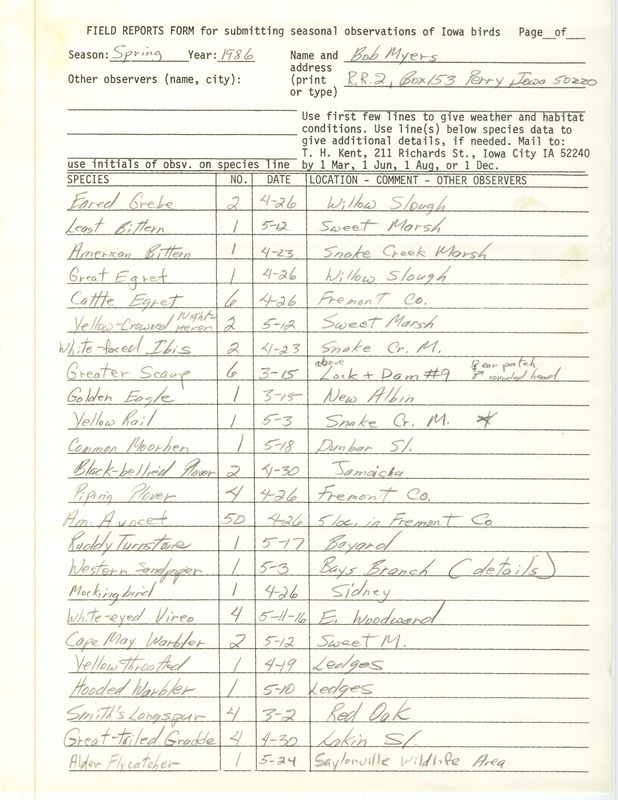 An annotated list of birds sighted by Bob Myers. This item was used as supporting documentation for the Iowa Ornithologists' Union Quarterly field report of Spring 1986.