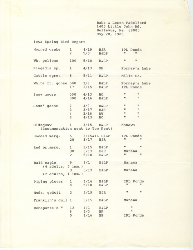 An annotated list of birds sighted by Babs & Loren Padelford and five others. This item was used as supporting documentation for the Iowa Ornithologists' Union Quarterly field report of Spring 1986.