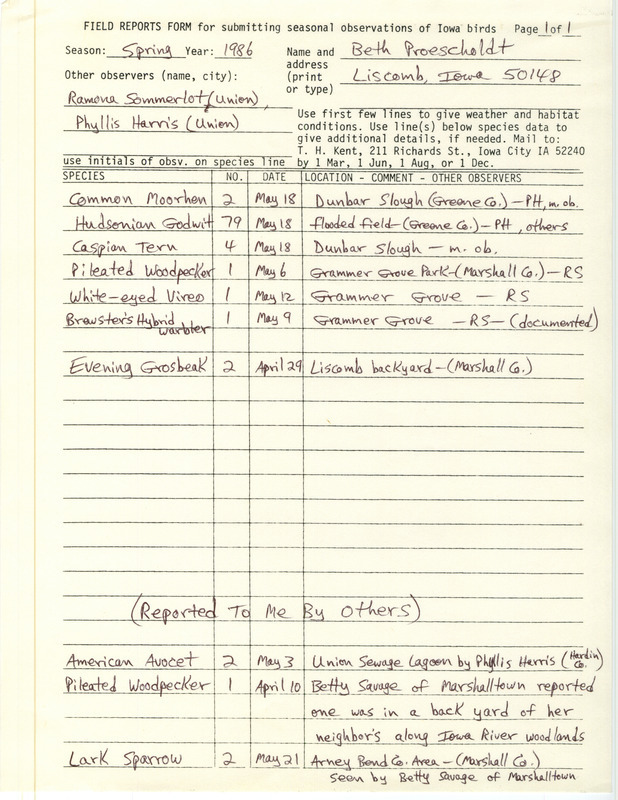 An annotated list of birds sighted by Beth Proescholdt and three others. This item was used as supporting documentation for the Iowa Ornithologists' Union Quarterly field report of Spring 1986.