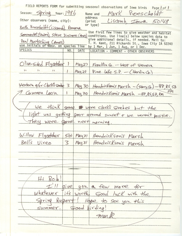 An annotated list of birds sighted by Mark Proescholdt and four others. This item was used as supporting documentation for the Iowa Ornithologists' Union Quarterly field report of Spring 1986.