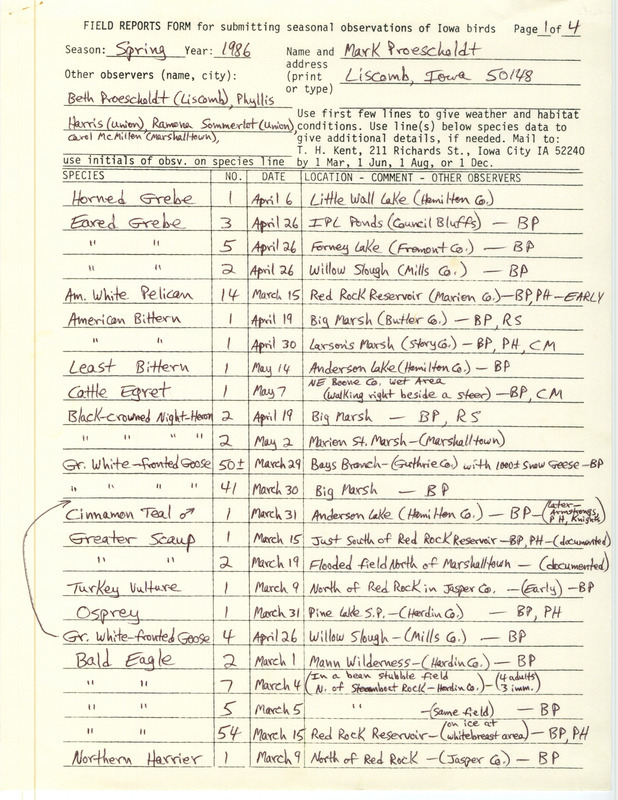 An annotated list of birds sighted by Mark Proescholdt and four others. This item was used as supporting documentation for the Iowa Ornithologists' Union Quarterly field report of Spring 1986.