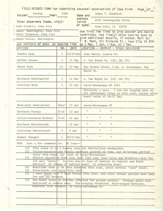 An annotated list of birds sighted by James Sandrock and four others. This item was used as supporting documentation for the Iowa Ornithologists' Union Quarterly field report of Spring 1986.