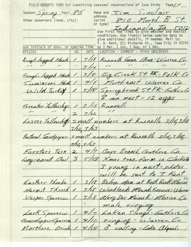 An annotated list of birds sighted by Jim Sinclair. This item was used as supporting documentation for the Iowa Ornithologists' Union Quarterly field report of Spring 1986.