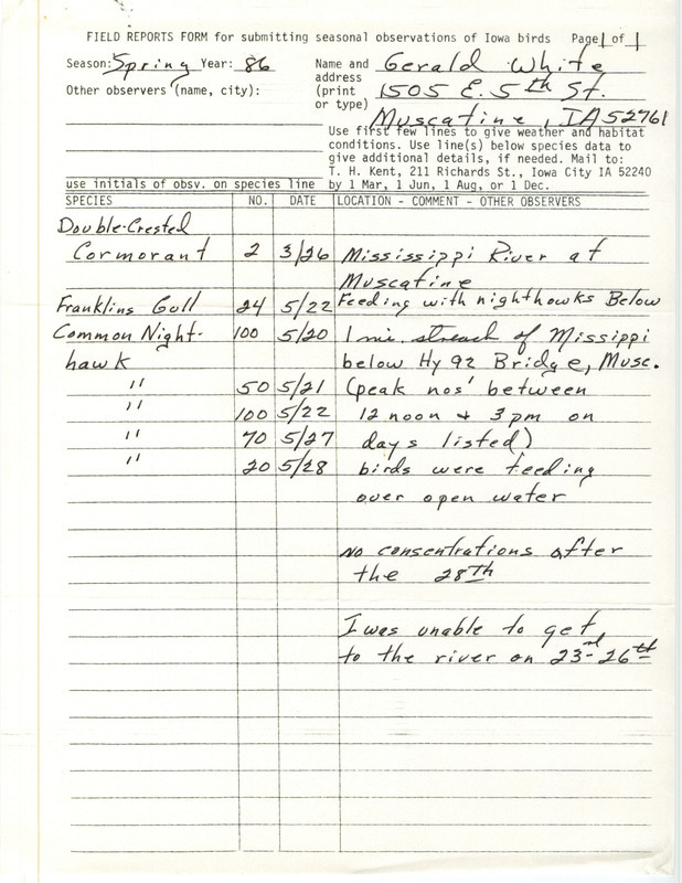 An annotated list of birds sighted by Gerald White. This item was used as supporting documentation for the Iowa Ornithologists' Union Quarterly field report of Spring 1986.