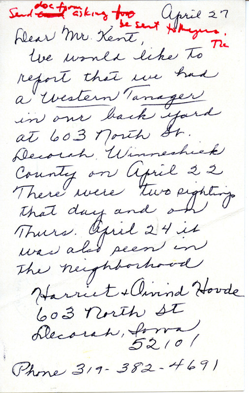 Letter from Harriet and Oivind Hovde to Thomas Kent dated April 27, 1986. The Hovdes report a Western Tanager sighting in Decorah. This item was used as supporting documentation for the Iowa Ornithologists' Union Quarterly field report of Spring 1986.