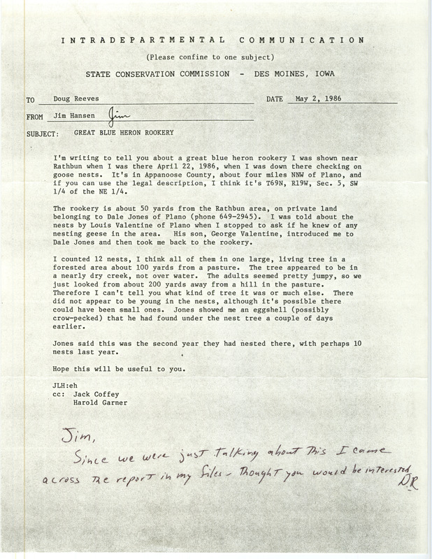 Letter from James L. Hansen to Doug Reeves regarding a Great Blue Heron Rookery in Appanoose County, submitted May 2 1986. This item was used as supporting documentation for the Iowa Ornithologists' Union Quarterly field report of summer 1986.