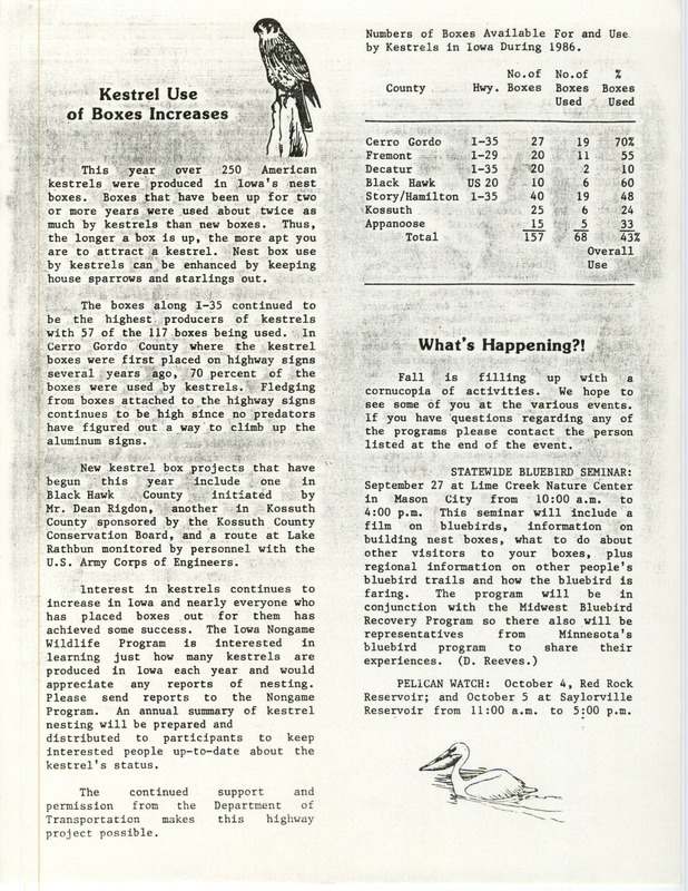 Article titled "Kestrel use of boxes increases." Article discusses the use of nest boxes for American Kestrels in Iowa. This item was used as supporting documentation for the Iowa Ornithologists' Union Quarterly field report of summer 1986.