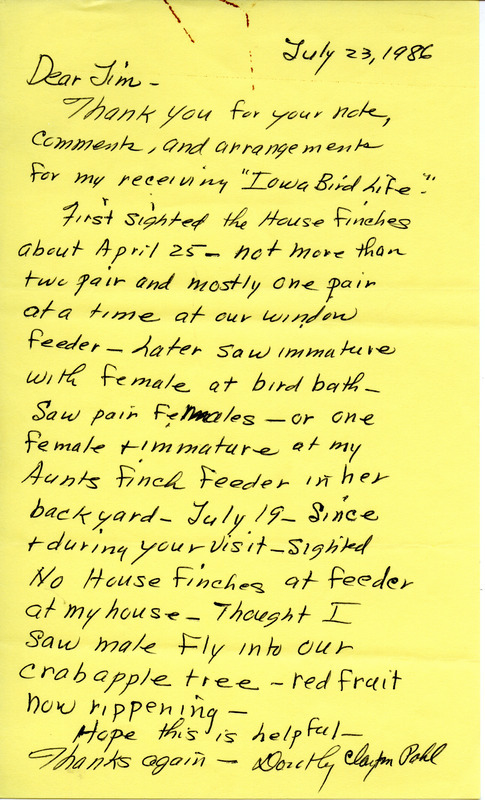 Letter from Dorothy Clayton Pohld regarding house finch sightings, July 23, 1986. This item was used as supporting documentation for the Iowa Ornithologists' Union Quarterly field report of summer 1986.