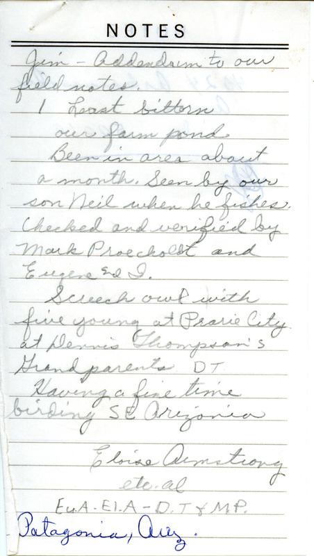 Addendum to field notes submitted by Eloise Armstrong. The item mentions the sightings of a Least Bittern and a Screech Owl. This item was used as supporting documentation for the Iowa Ornithologists' Union Quarterly field report of summer 1986.