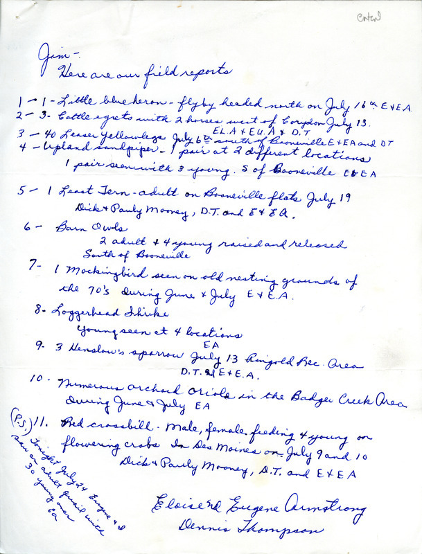 Letter from Eloise Armstrong and Dennis Thompson to James J. Dinsmore regarding bird sightings. This item was used as supporting documentation for the Iowa Ornithologists' Union Quarterly field report of summer 1986.