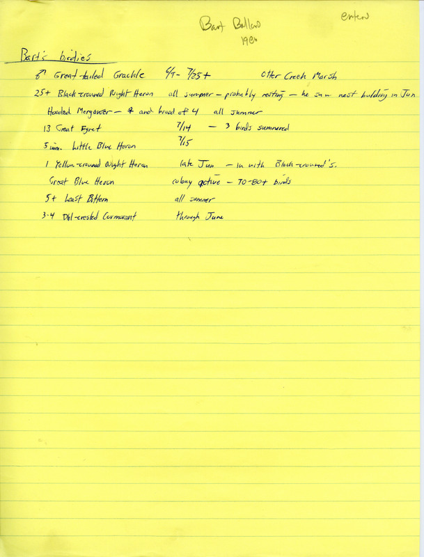 Field report titled "Bart's birdies" submitted by Bart M. Ballard. This item was used as supporting documentation for the Iowa Ornithologists' Union Quarterly field report of summer 1986.