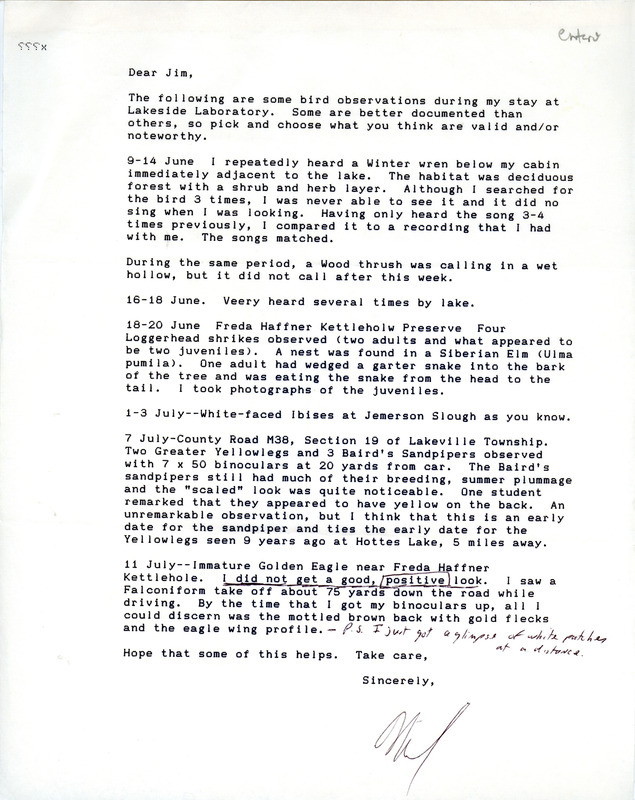 Letter to James J. Dinsmore regarding bird sightings. This item was used as supporting documentation for the Iowa Ornithologists' Union Quarterly field report of summer 1986.