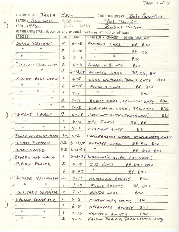 Checklists and field notes for the summer of 1986. The field notes discuss the sighting of a Burrowing Owl. This item was used as supporting documentation for the Iowa Ornithologists' Union Quarterly field report of summer 1986.