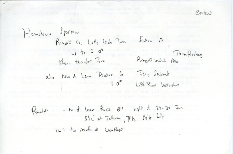 Field reports for the summer of 1986, submitted by James J. Dinsmore. This item was used as supporting documentation for the Iowa Ornithologists' Union Quarterly field report of summer 1986.