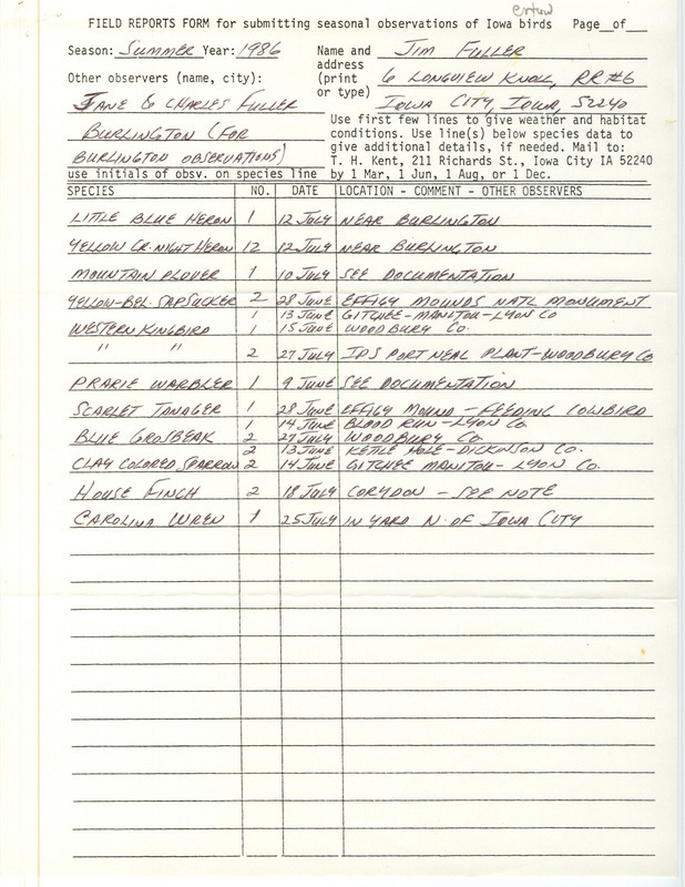 List of birds and locations contributed by James L. Fuller with observers Jane Fuller and Charles Fuller. This item was used as supporting documentation for the Iowa Ornithologists Union Quarterly field report of summer 1986.