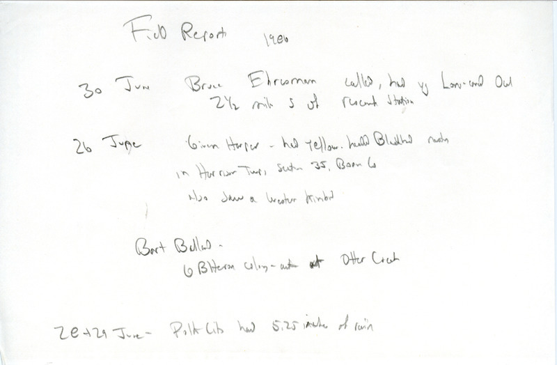 List of birds and locations contributed by Bart M. Ballard with observer Bruce Ehresman. This item was used as supporting documentation for the Iowa Ornithologists Union Quarterly field report of summer 1986.