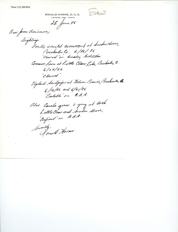 Field notes contributed by Ronald Harms in a letter to James J. Dinsmore. This item was used as supporting documentation for the Iowa Ornithologists Union Quarterly field report of summer 1986.