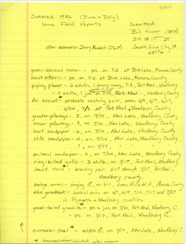 List of birds and locations contributed by Bill F. Huser with observer Jerry Probst. This item was used as supporting documentation for the Iowa Ornithologists Union Quarterly field report of summer 1986.