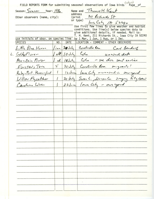 List of birds and locations contributed by Thomas H. Kent with observer Carl J. Bendorf. This item was used as supporting documentation for the Iowa Ornithologists Union Quarterly field report of summer 1986.