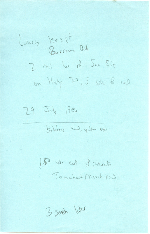 Field notes contributed by Larry Kropf regarding his sighting of a Burrowing Owl. This item was used as supporting documentation for the Iowa Ornithologists Union Quarterly field report of summer 1986.