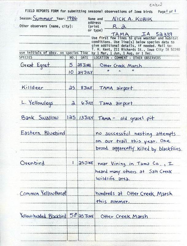 List of birds and locations contributed by Nicholas A. Kubik. This item was used as supporting documentation for the Iowa Ornithologists Union Quarterly field report of summer 1986.