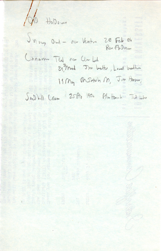 List of birds and locations contributed by James J. Dinsmore with observers Ron Andrews, Jim B. Walter, Lowell Washburn and others. This item was submitted past the deadline for the Iowa Ornithologists Union Quarterly field report of spring 1986.