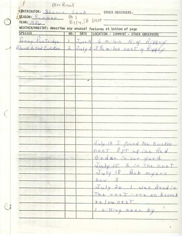 List of birds and locations contributed by Sharon Laub. This item was used as supporting documentation for the Iowa Ornithologists Union Quarterly field report of summer 1986.