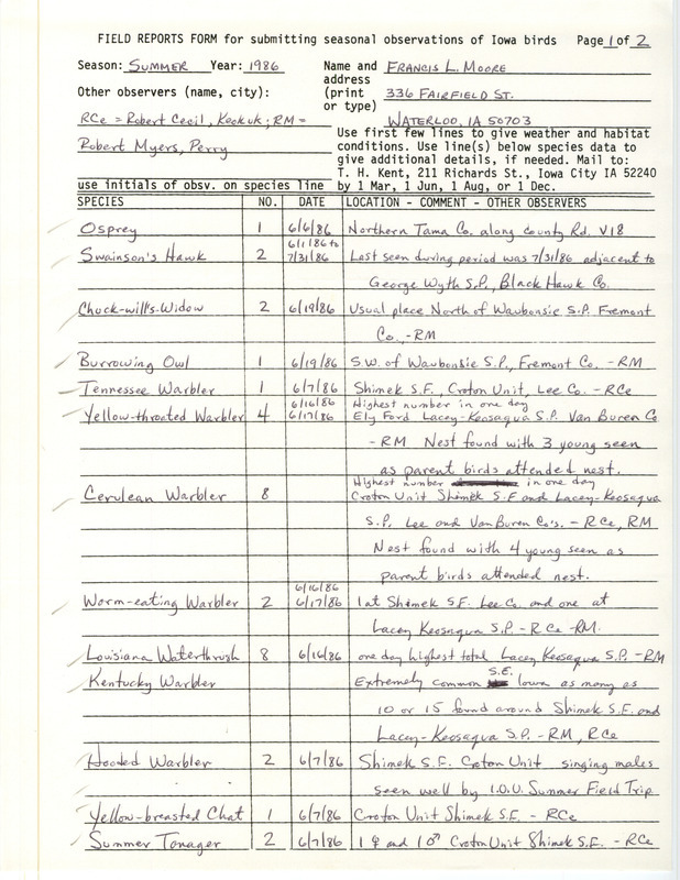 List of birds and locations contributed by Francis L. Moore with observers Robert I. Cecil and Robert K. Myers. This item was used as supporting documentation for the Iowa Ornithologists Union Quarterly field report of summer 1986.