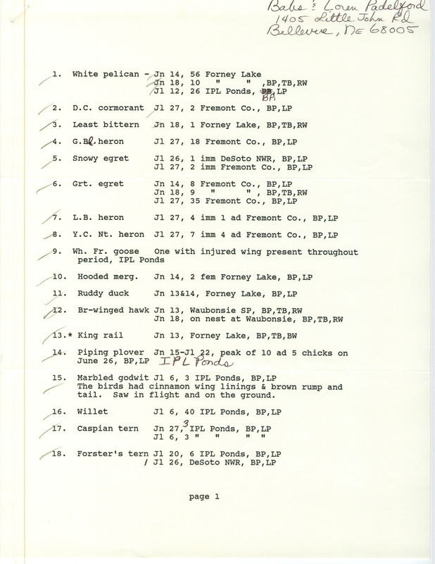 List of birds and locations contributed by Babs Padelford and Loren Padelford with observers Tanya Bray, Barbara L. Wilson and Rick Wright. This item was used as supporting documentation for the Iowa Ornithologists Union Quarterly field report of summer 1986.