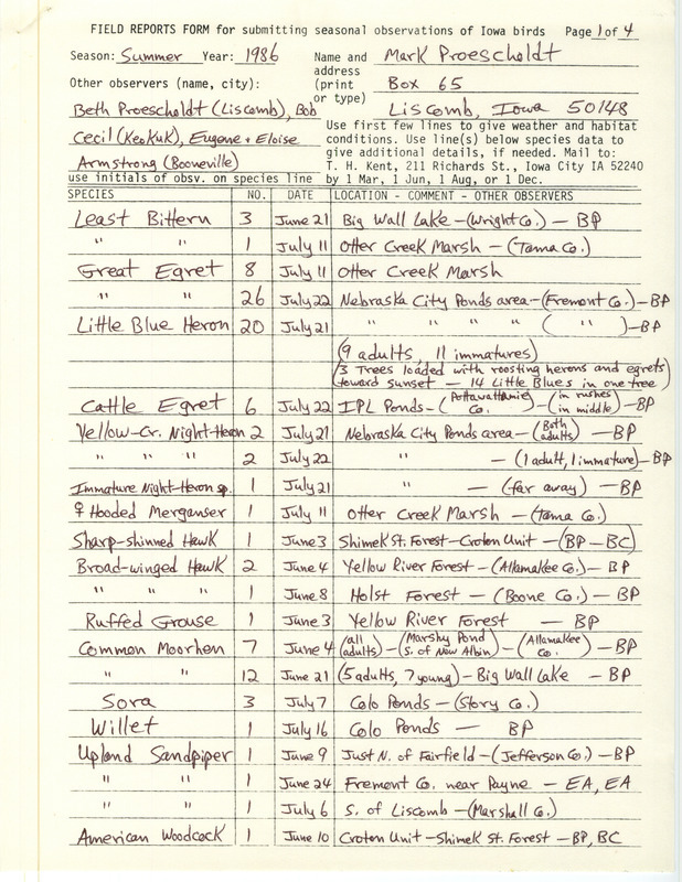 List of birds and locations contributed by Mark Proescholdt with observers Beth Proescholdt, Robert I. Cecil and others. This item was used as supporting documentation for the Iowa Ornithologists Union Quarterly field report of summer 1986.