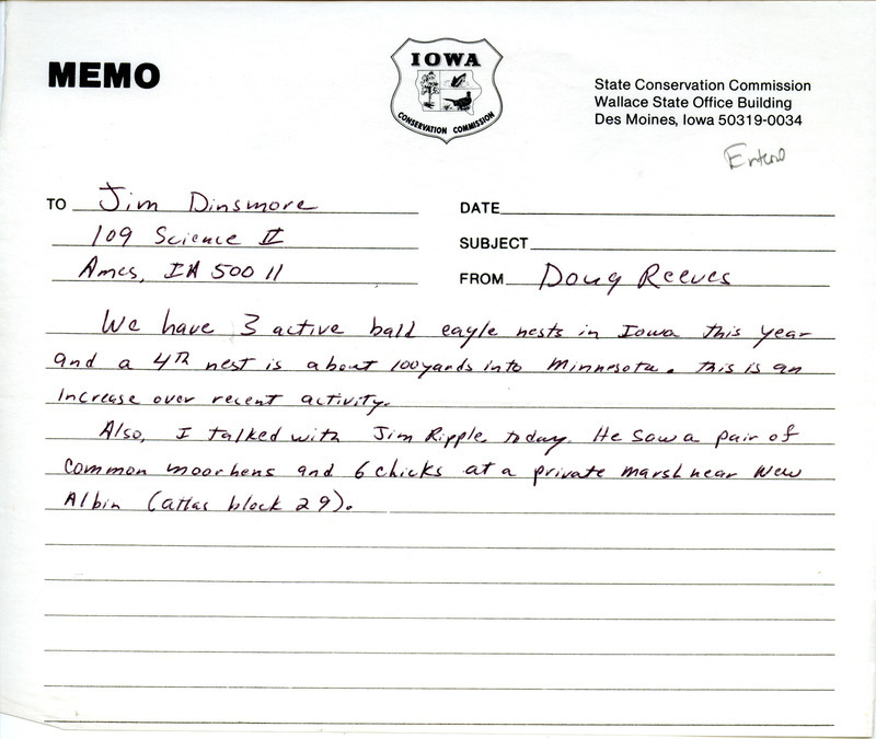 List of birds and locations contributed by Doug Reeves with observer Jim Ripple. Field notes include a report of three active Bald Eagle nests in Iowa. This item was used as supporting documentation for the Iowa Ornithologists Union Quarterly field report of summer 1986.